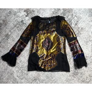Taka by Takawear Mandala Silk Velvet Lace Top Tunic Blouse XS Art To Wear